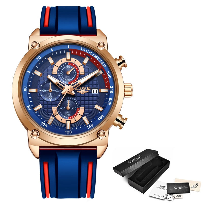 Relojes LIGE para Hombre, Reloj de pulsera deportivo de lujo con fecha automática, Reloj de cuarzo para Hombre, correa de silicona, Reloj resistente al agua para Hombre