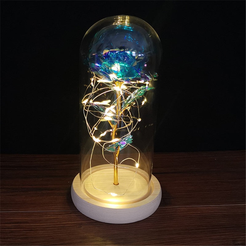 LED Enchanted Galaxy Rose Eternal 24K Gold Foil Flower with String Lights In Dome for Home Decor Christmas Valentine&