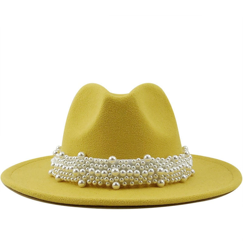 Sombreros de fieltro de lana Jazz para hombre y mujer, sombrero de fieltro con cinta de perlas de cuero, blanco, rosa, amarillo, sombrero de fiesta Formal Trilby de Panamá, 58-61CM