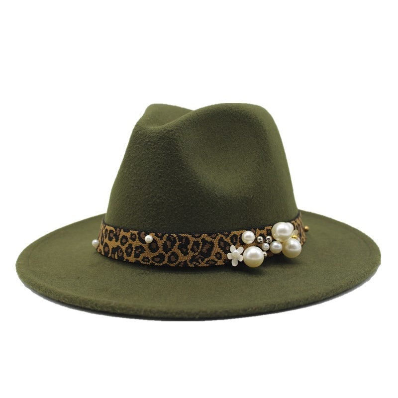 Winter wool Fedoras For Women Wide Brim Felt Hat Ladies Tweed Army Green Jazz Cap Female Leopard Winter Elegant Pork Pie Hat