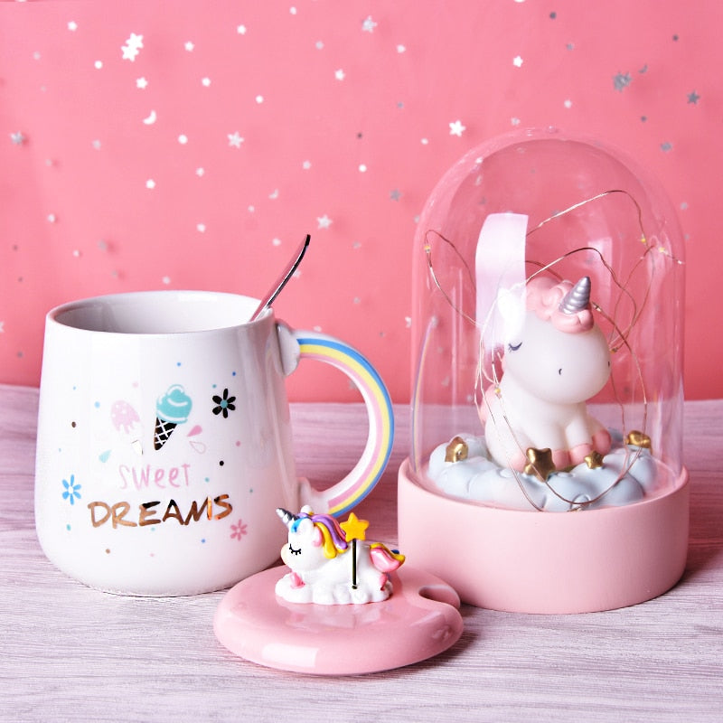 Bonita taza de café de unicornio con tapa 3D y cuchara, taza de agua de té de cerámica, regalo para mujeres y niñas, color blanco, 450 ml