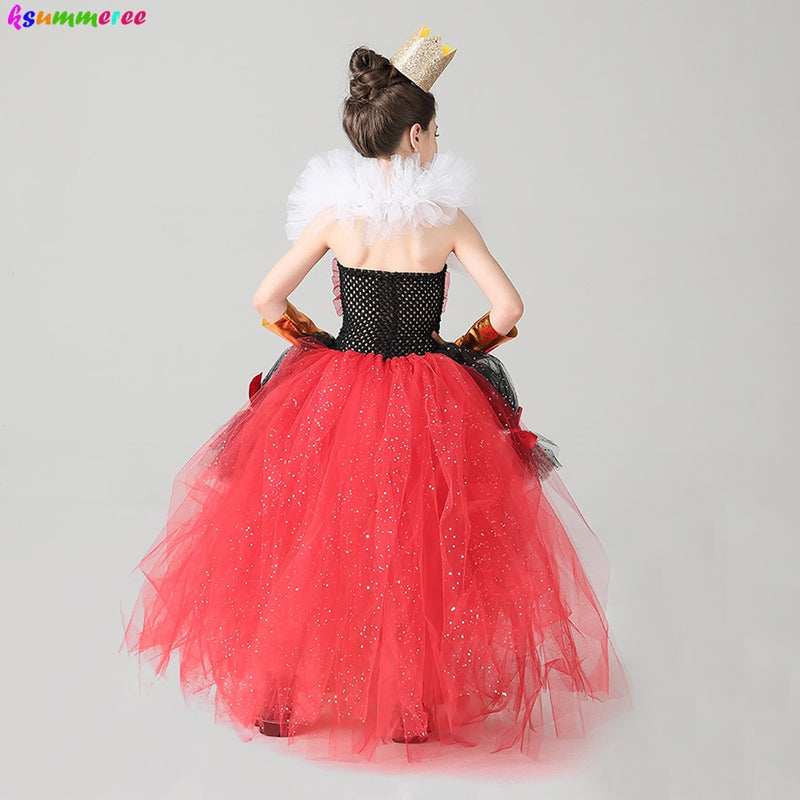 Girl Queen of Hearts Costume Wonderland Fairy Tale Fancy Dress Sparkly Kids Evil Red Queen Tutu Dress Halloween Villain Clothes