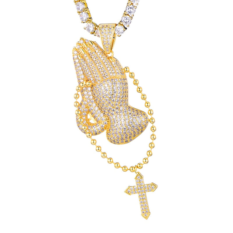 Hip Hop Bling Cubic Zirconia Iced Out Praying Hands Cross Necklaces &amp; Pendants For Men Jewelry With Tennis Chain