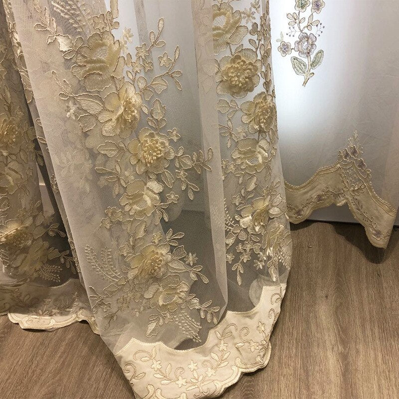 Cortina de gasa bordada de terciopelo romántico francés para sala de estar patrón Floral cortina transparente delicada persianas de dormitorio S467