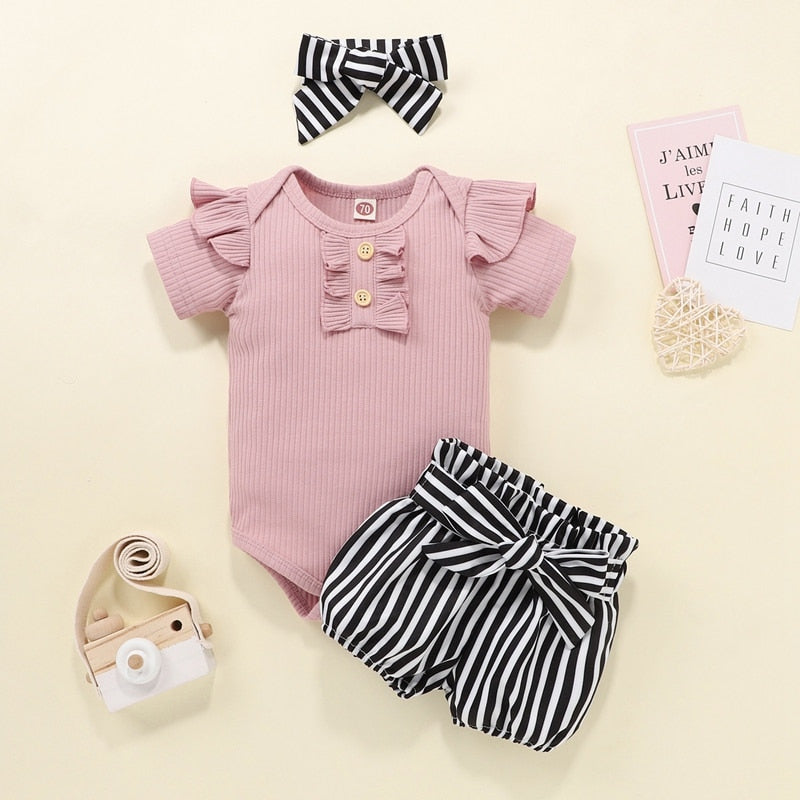 Newborn Baby Girls Outfits Clothes Cotton Solid Romper Jumpsuit + Denim Shorts+Headband Sweet Set Summer New23