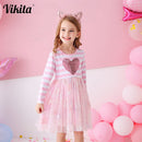 VIKITA Mädchen Gestreiftes Kleid Kinder Prinzessin Kleid für Mädchen Kinder Herz Design Kleider Mädchen Schule Freizeitkleidung Kinderkleidung