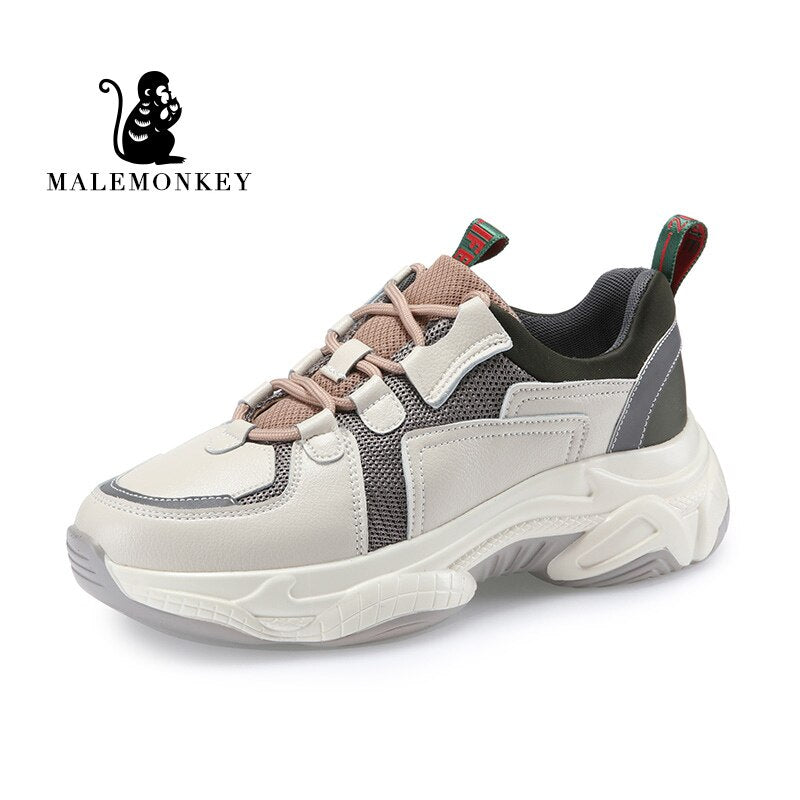 Mode Sport Casual Turnschuhe Frauen 2021 Frühling Herbst Leder Atmungsaktiv Komfortable Sneaker Plateauschuhe Frauen Schwarz