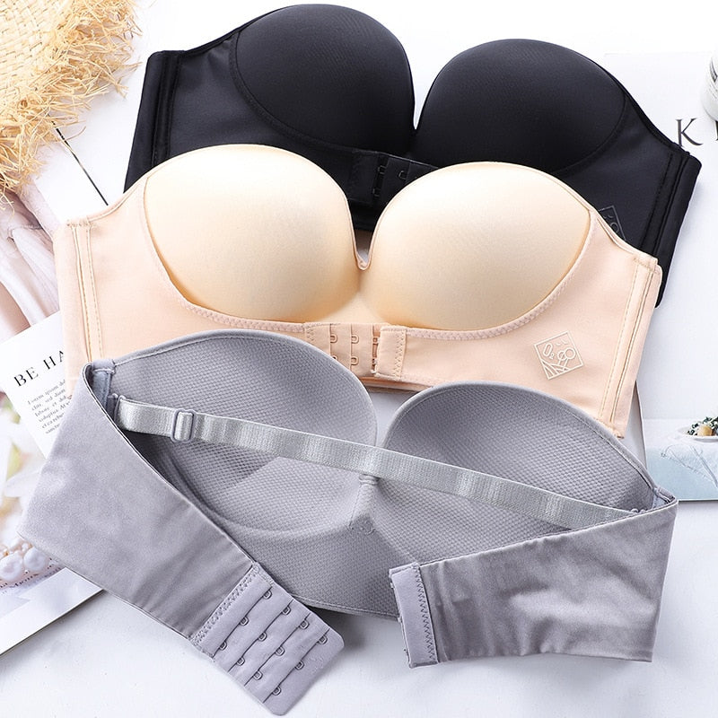 Dreamlikelin 2Pcs/Set Strapless Bra for Women Push Up Bralette Invisible Brassiere Front Closure Wire Free Bras for Dress