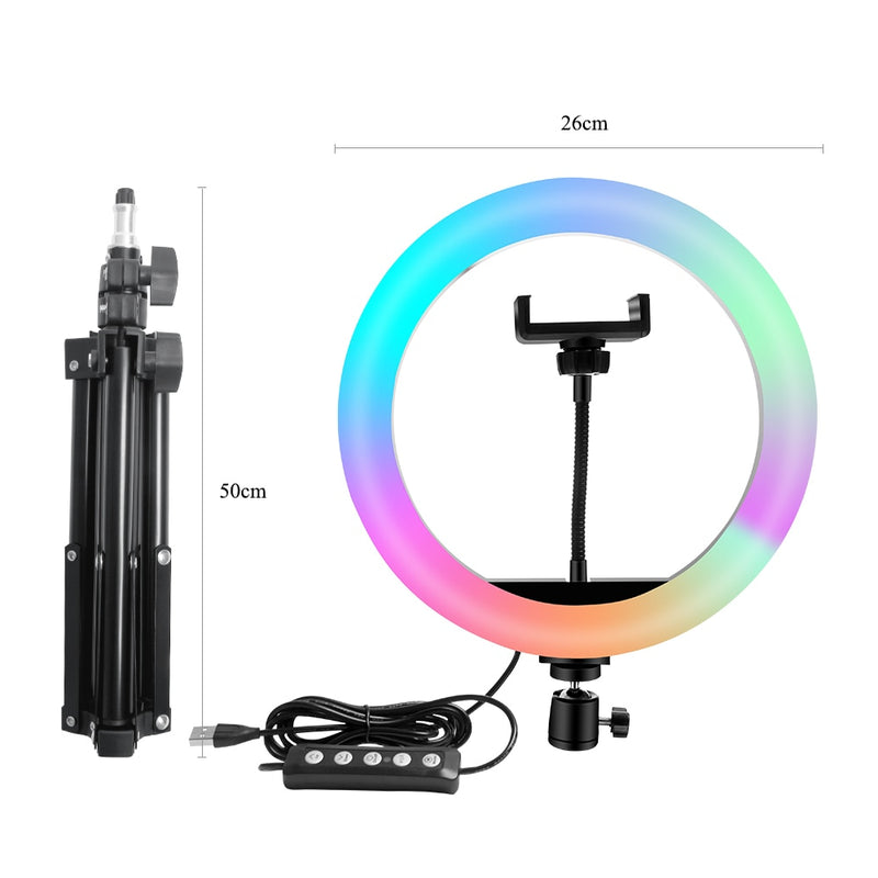 10-Zoll-Ringlicht RGB02 26 cm 33 cm 20 cm LED-Regenbogenlicht mit Stativ 1,6 m dimmbares RGB-Set für kurze Videos YouTube Live