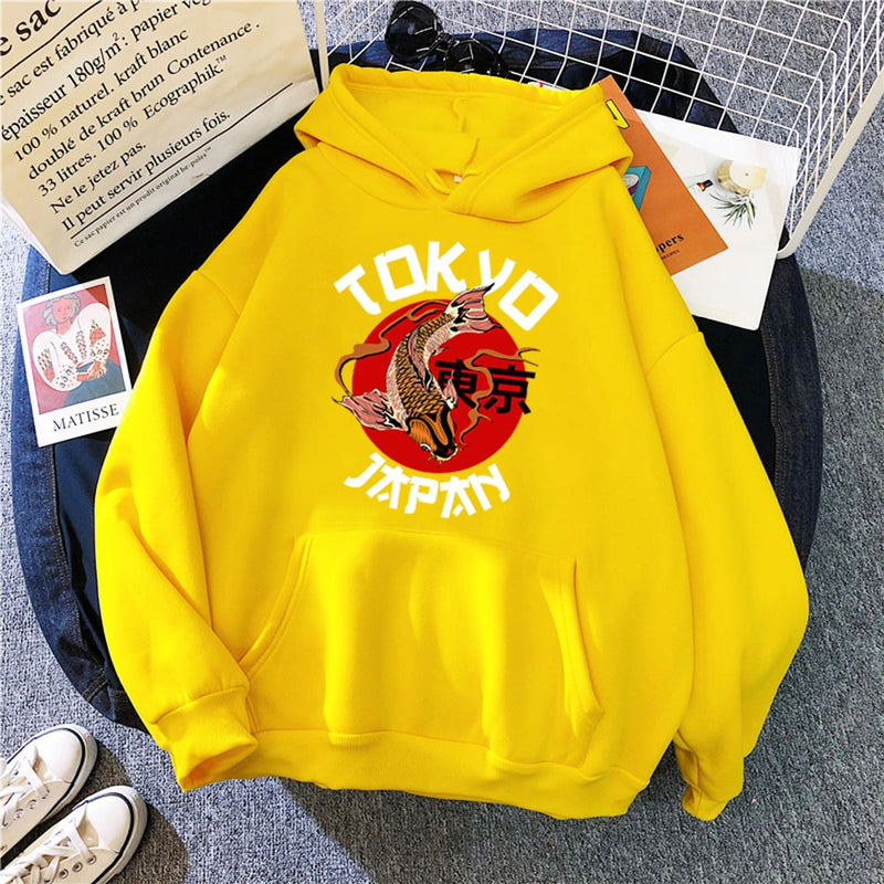 Hoody Japanese Tokyo Koi Print Autumn Fleece Male Pullover Oversize Korean Men Hooded Sweatshirt Street Fashion Man Hoodies