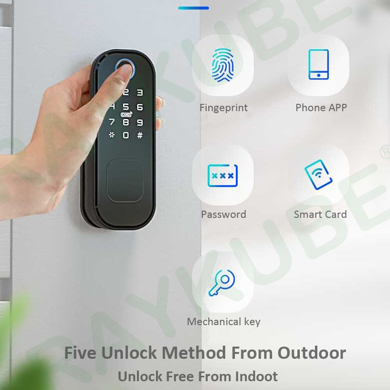 RAYKUBE Fingeprint Door Lock With Bluetooth TT Lock APP Password Smart Card 13.56mhz IC Work With Gateway Wifi Alexa T03