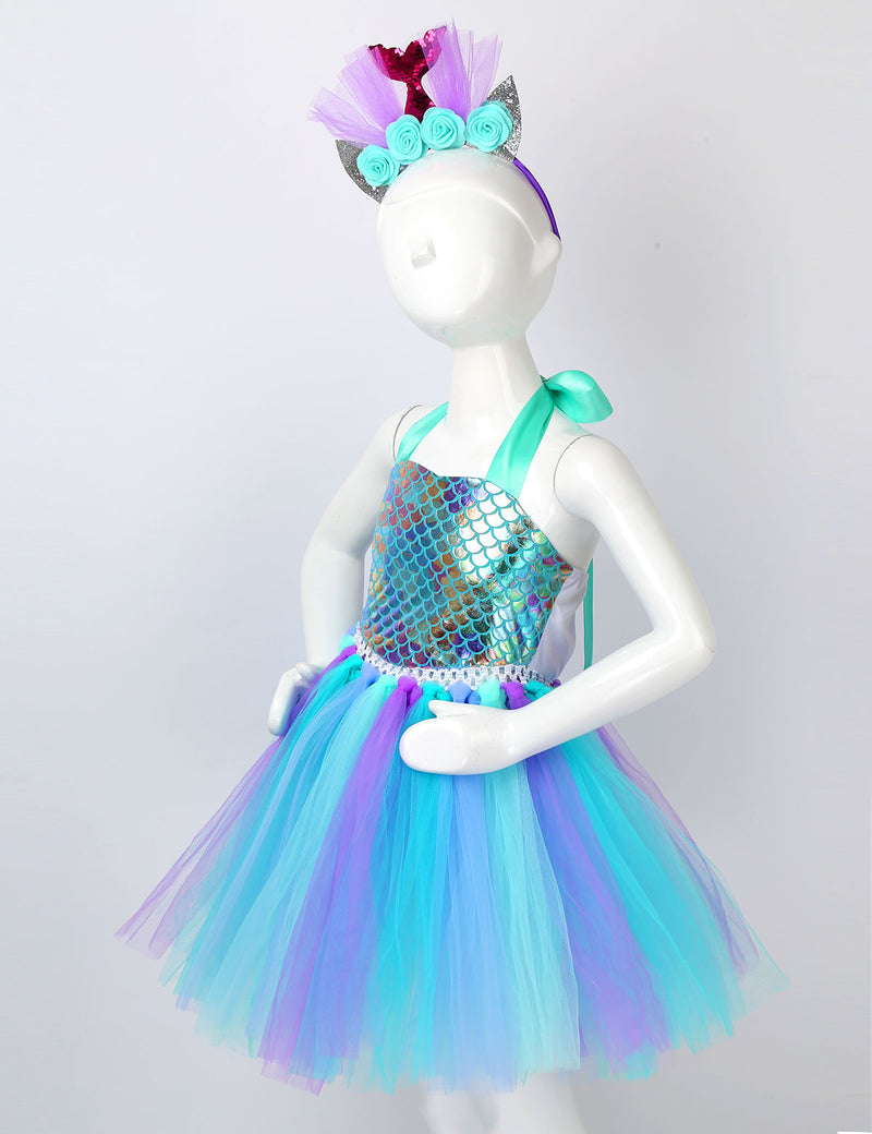 Kinder Mädchen Meerjungfrau Kostüm Outfit Neckholder Fischschuppen Bedrucktes Mesh Tutu Kleid mit Haarreif für Halloween Karneval Cosplay