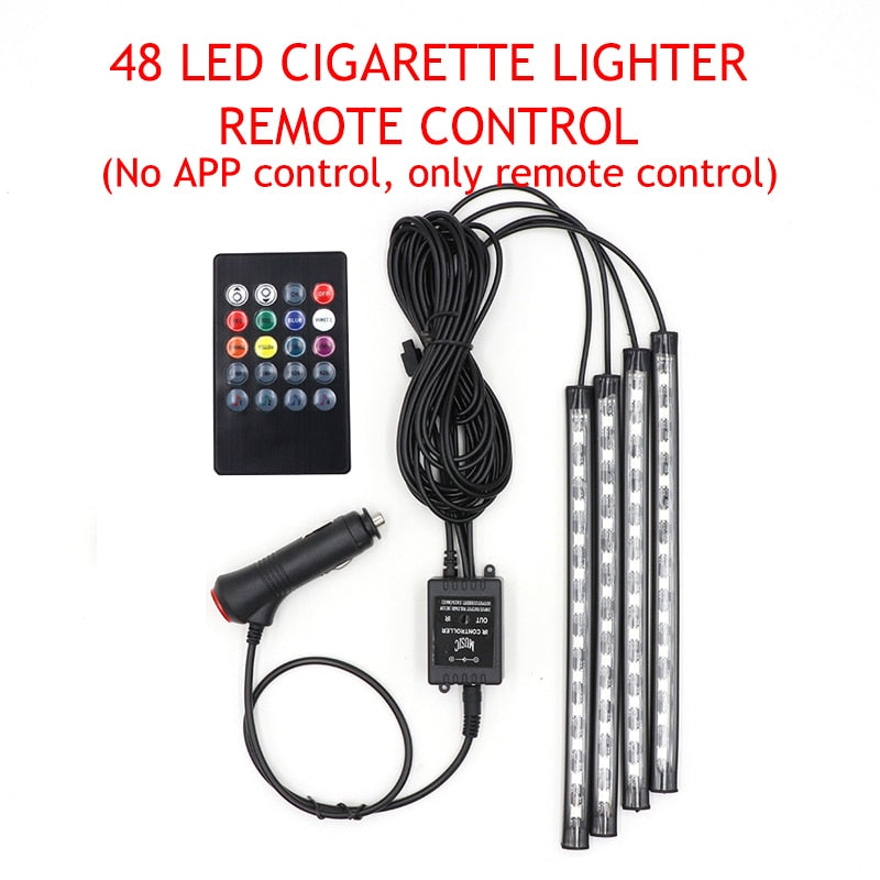 Luz LED para pie de coche, lámpara ambiental, aplicación USB, Control remoto de música, múltiples modos, luces decorativas interiores automotrices