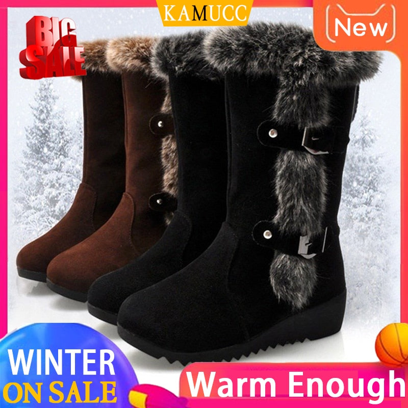 Botas de invierno para mujer, zapatos de invierno aterciopelados, botas de nieve a la moda para mujer, zapatos hasta el muslo, botas de gamuza a media pantorrilla