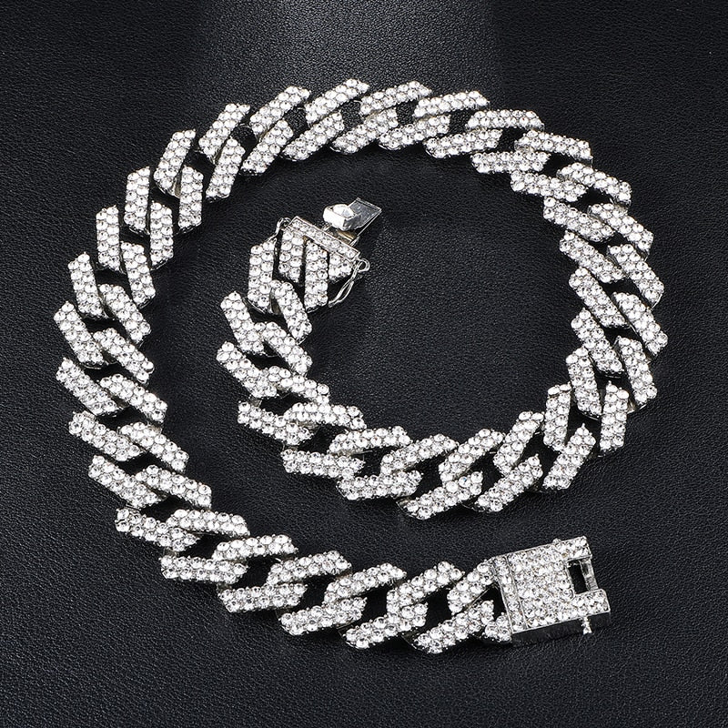 Hip Hop 1kit 20MM Silver Color Heavy Full Iced Out Paved Rhinestones Prong Cuban Chain CZ Bling Choker Necklaces For Men Jewelry