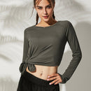 Lose Yoga-Kleidung für Fitness-Sport-Shirt, Damen-Bluse, O-Ausschnitt, Workout, Laufen, langärmliges Damen-Fitness-Top mit Daumenlöchern