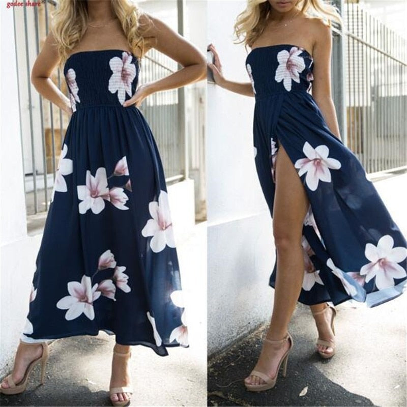 2022 vestido de playa bohemio mujer verano Casual sin mangas Split Floral fuera del hombro Maxi vestido largo bohemio ropa bata femenina