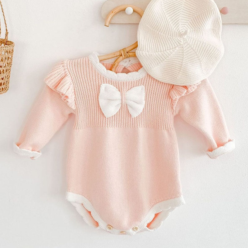 Cute Autumn Winter Infant Baby Girls Bowknot Rompers Clothing Kids Girl Long Sleeve Knit Rompers Clothes