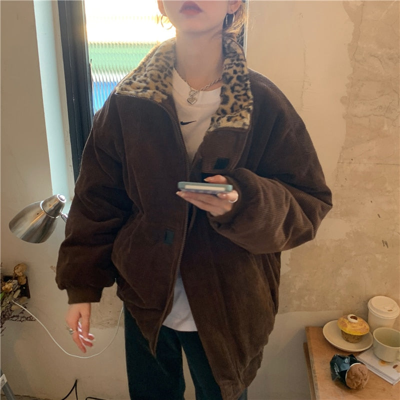 Alien Kitty 2023 New Winter Leopard Patchwork Women Coat Corduroy Warm Loose Casual  Jacket Female Outwear Elegant Tops