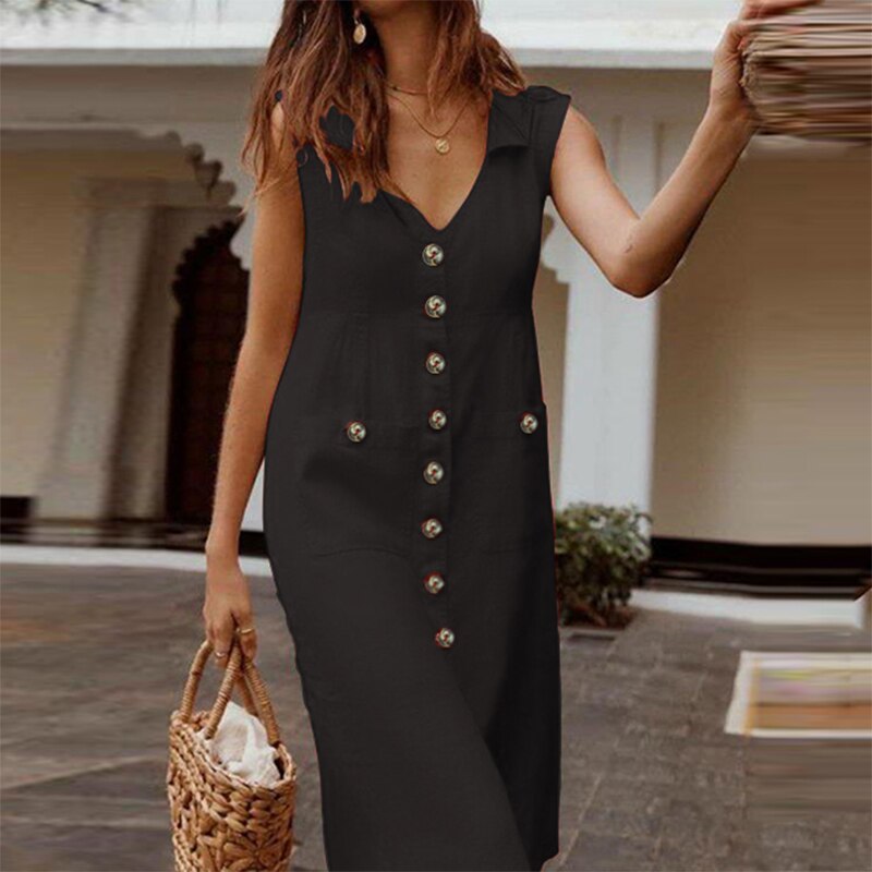 ZANZEA Women V neck Buttons Down Dress Summer Sleeveless Cotton Linen Sundress Casual Sarafans Vestido Party Tanks Dress