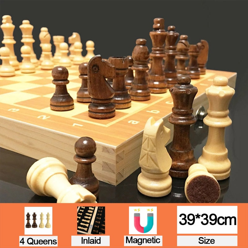 Juego de ajedrez de madera magnético de 4 reinas, juego de ajedrez internacional, piezas de ajedrez de madera, tablero de ajedrez de madera plegable, juguete de regalo I55