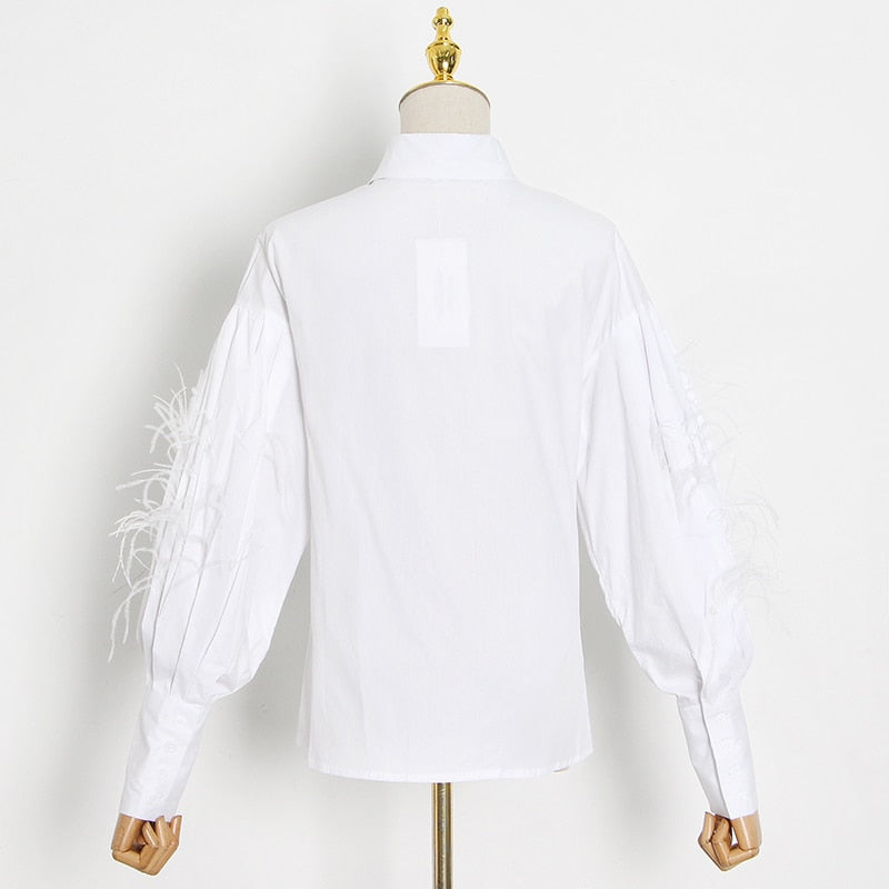 TWOTWINSTYLE Casual Patchwork Feather Blouse For Women Lapel Lantern Sleeve White Solid Shirt Female Fashion New Clothing 2021