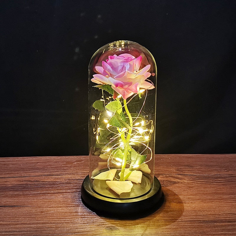 LED Enchanted Galaxy Rose Eternal 24K Gold Foil Flower with String Lights In Dome for Home Decor Christmas Valentine&