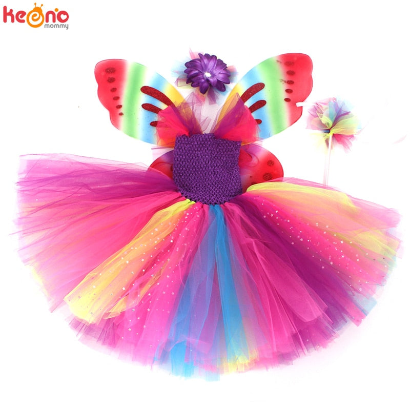 Girls Butterfly Fairy Fancy Tutu Dress Wings Costume Kids Princess Birthday Party Halloween Cosplay Kids Spring Tulle Dress