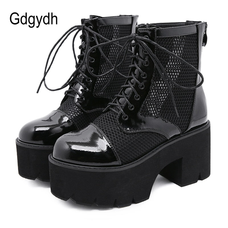 Gdgydh Ladies Gothic Shoes Women Platform Boots High Heels Lace Up Blace Mesh Breathable Patent Leather Ankle Boots Chunky Heels