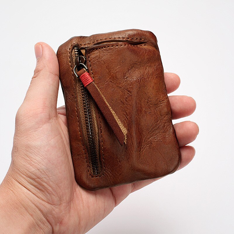 LEACOOL Vintage Herren Echtes Leder Mini Geldbörse Kartenetui Halter Brieftasche Kupplung Männlich Kurzer Reißverschluss Kleine Wickeltasche