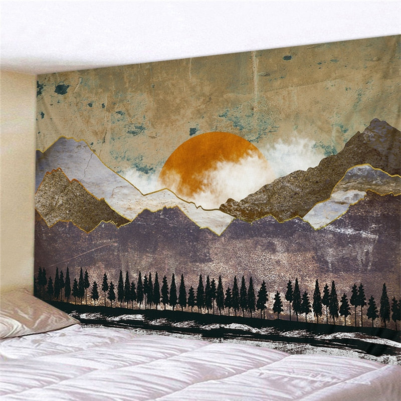 Tapiz de pared de estilo japonés abstracto pintado ballena puesta de sol bosque de montaña tapiz de Mandala Hippie paisaje alfombra colgante de pared