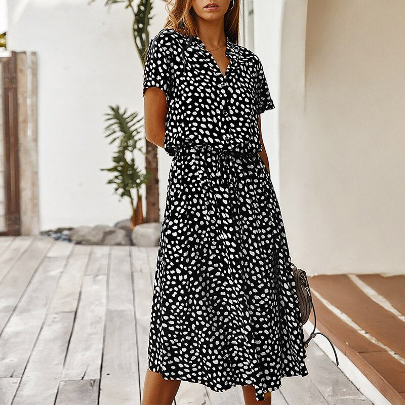 Fashion Women Dresses Summer Boho Dot Print High Waist Shirt Dress Casual Holiday Beach Short Sleeved Female Midi Dress