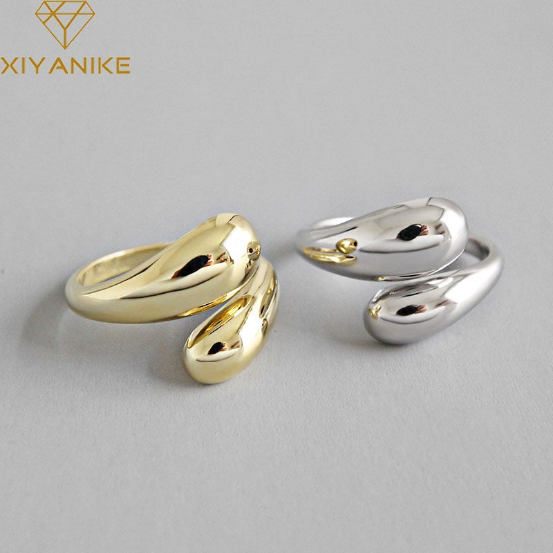 Xiyanike Silber Farbe Koreanische Trendy Glatte Ringe für Frauen Paar Vintage Gold Silber Geometrischer handgemachter Hochzeitsschmuck