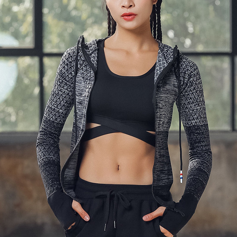 Reißverschluss Fitness Kleidung mit Hut Yoga Shirt lange nahtlose Oberbekleidung Mädchen Sport Trikots Frauen Mäntel Laufsport Jacke Tops