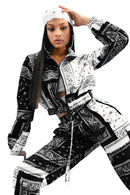 Paisley Bandana Print Zwei 2-teiliges Set Damen Fitness Sweatsuit Zipper Up Sweatshirt + Jogger Pants Set Trainingsanzug Vintage Outfits