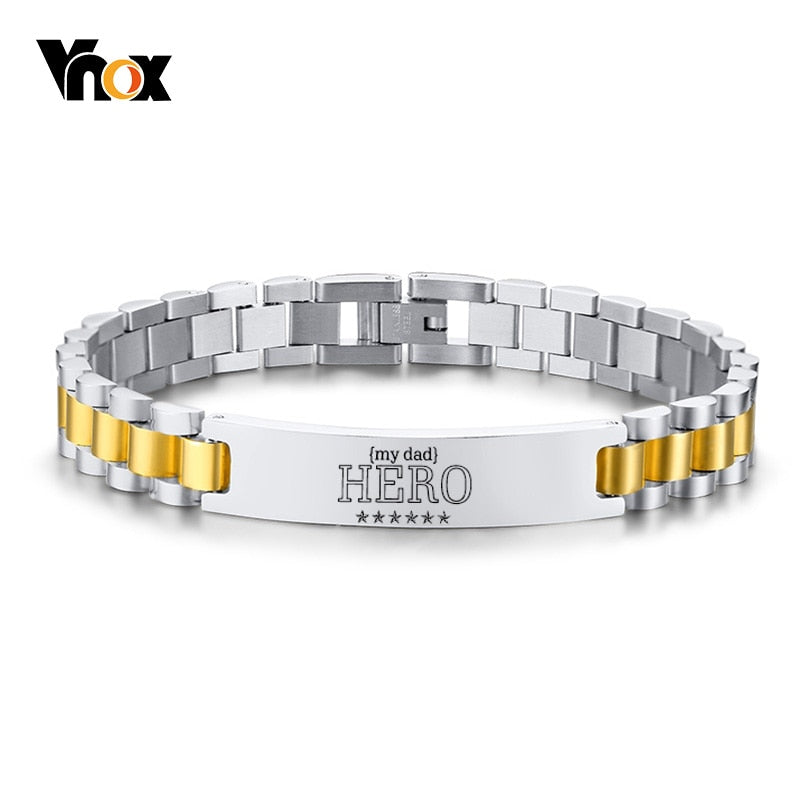 Vnox My Dad HERO Bracelets Personalized Quotes Men Bracelet Qualified Stainless Steel ID Bangle Father&