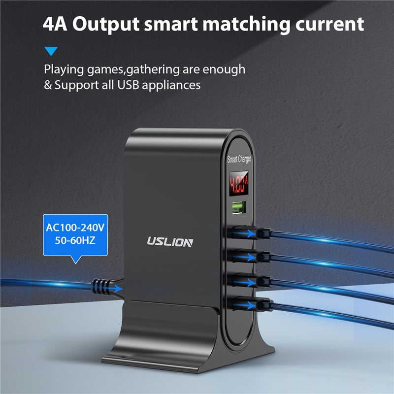 USLION 5 Port USB Charger For Xiaomi LED Display Multi USB Charging Station Universal Phone Desktop Wall Home EU US UK Plug