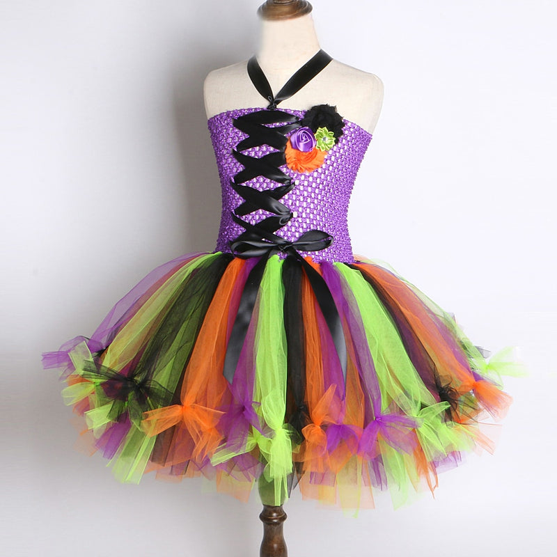 Hexe Halloween Kostüme für Mädchen Kinder Zauberin Tutu Kleid mit Hut Kinder Cosplay Kleider für Karneval Party Bunte Tutus