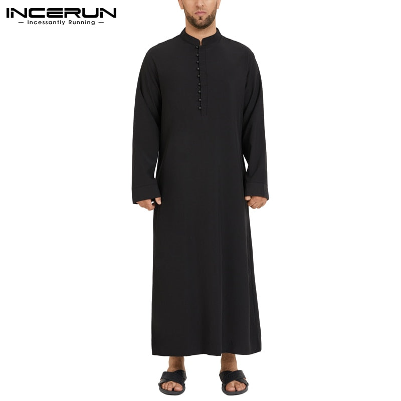 Hombres musulmanes Jubba Thobe manga larga Color sólido transpirable túnicas 2022 Stand Collar islámico árabe Kaftan hombres Abaya S-5XL INCERUN