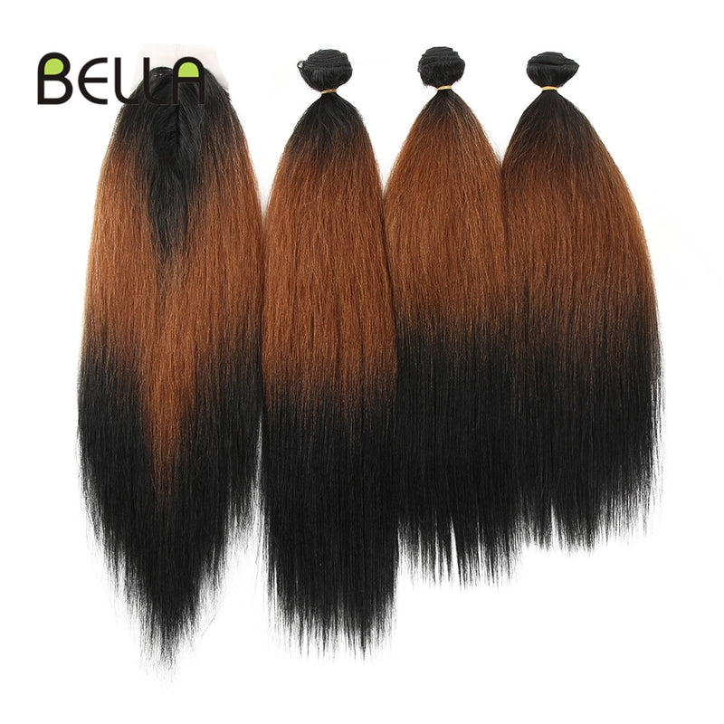 Mechones de pelo liso Yaki mechones Ombre pelo sintético 4 unids/pack 18-22 pulgadas 245g mechones con cierre BELLA extensiones de cabello tejido