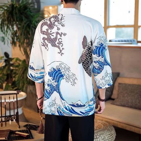 Bebovizi Dragon Print Yukata Men Women Fashion Cardigan Loose Blouse Haori Obi Asian Clothes Harajuku Japanese Cosplay Kimono