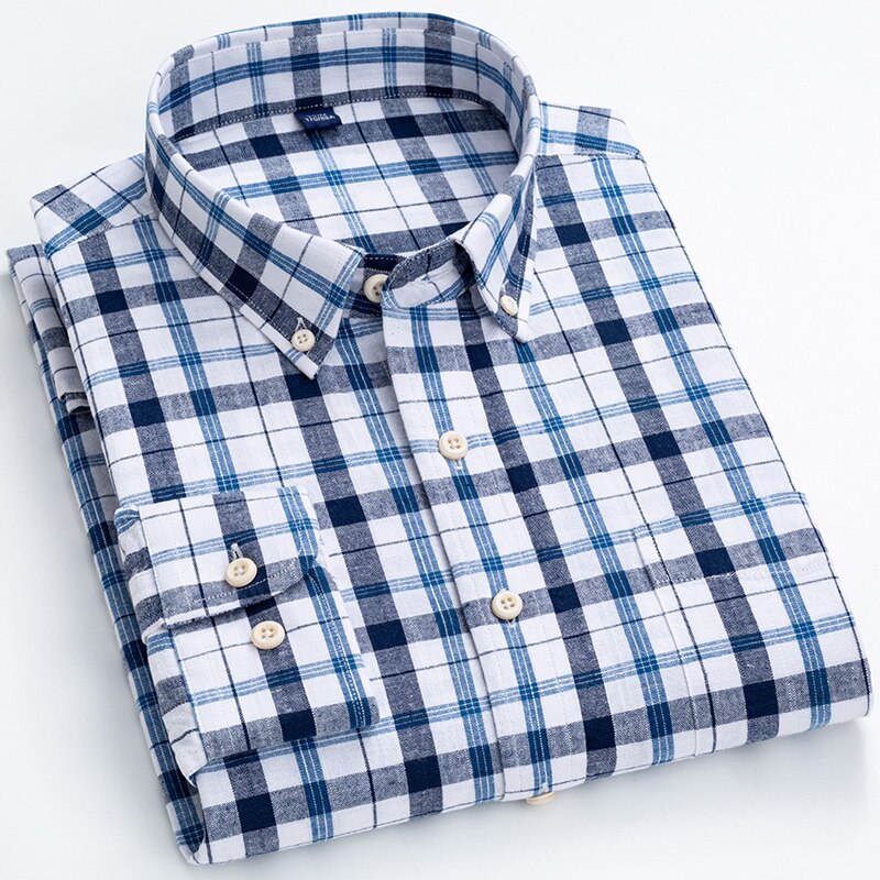 Camisa de ajuste regular para hombres Línea de algodón Manga larga Vestido de negocios suelto Camisa con botones de color puro Hombres Azul Blanco Tops Camisa Hombre L