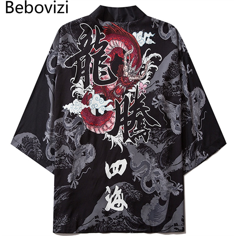 Bebovizi Drachendruck Yukata Männer Frauen Mode Strickjacke Lose Bluse Haori Obi Asiatische Kleidung Harajuku Japanischer Cosplay Kimono