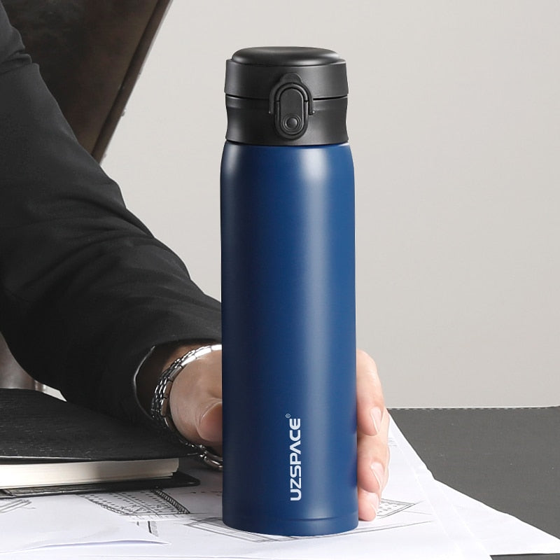 UZSPACE-botella de agua deportiva de negocios, termo de acero inoxidable, bebida directa, a prueba de fugas, taza de té portátil para coche, taza de café