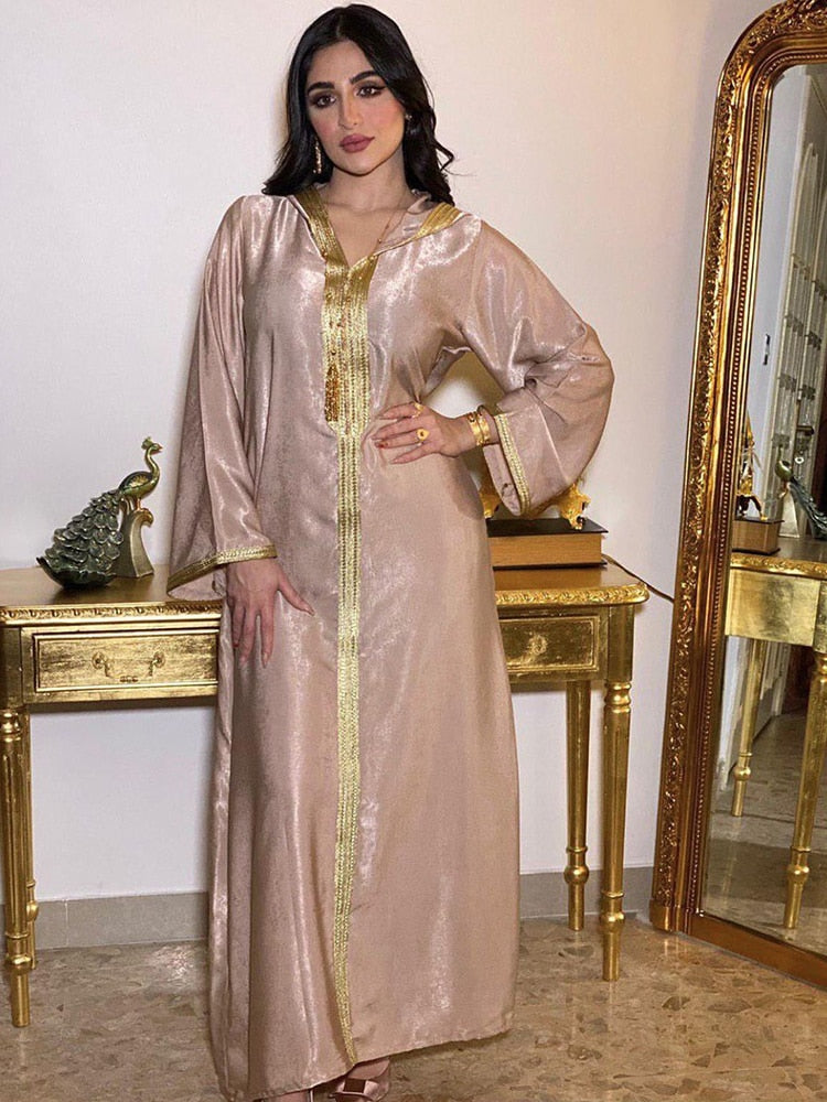 Chilaba árabe musulmán vestido largo sudaderas con capucha Dubai Abaya mujeres trenza adornos marroquí Kaftan Arabia Saudita Jalabiya Ramadán bata champán