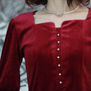 2021 Frühling Herbst Vintage Damen Square Kragen Laterne Ärmel Weinrot Schwarz Samt Top Bluse, Damen Velours Tops und Blusen