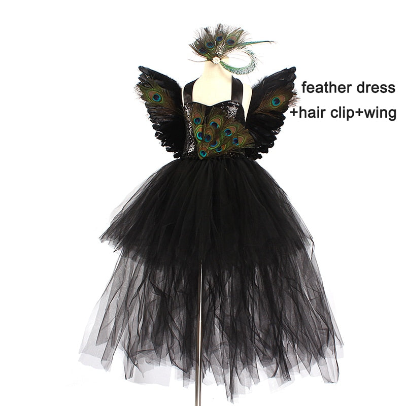 Fancy Peacock Feather Girl Pageant Tutu Dress with Wing Kids Deluxe Peacock Tutu Costume Dress Evening Party Halloween Clothes