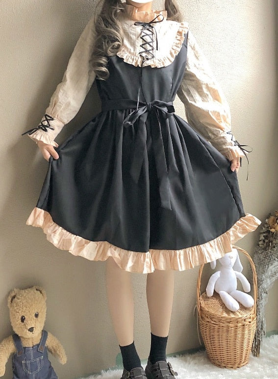 Japanese Korean Harajuku Gothic Bandage Bow Patchwork Girl Cosplay Dress Kawaii Ruffles Dress Women Lolita Style Party Dresses
