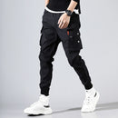 Cargohose Herren Einfarbig Schwarz Lose Lässig Jogger Tasche Elastischer Bund Knöchellange Hose Techwear
