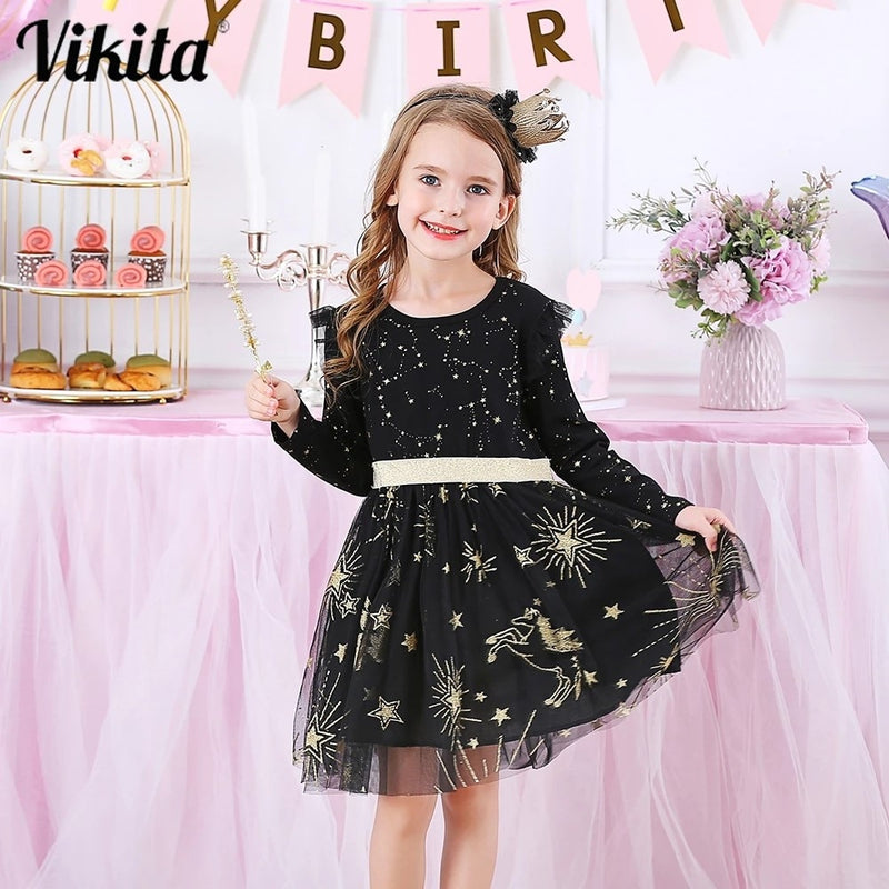 VIKITA Kids Party Dress for Girl Children Sequined Dresses Girls Star Dress Toddlers Casual Dresses Children Autumn Costumes